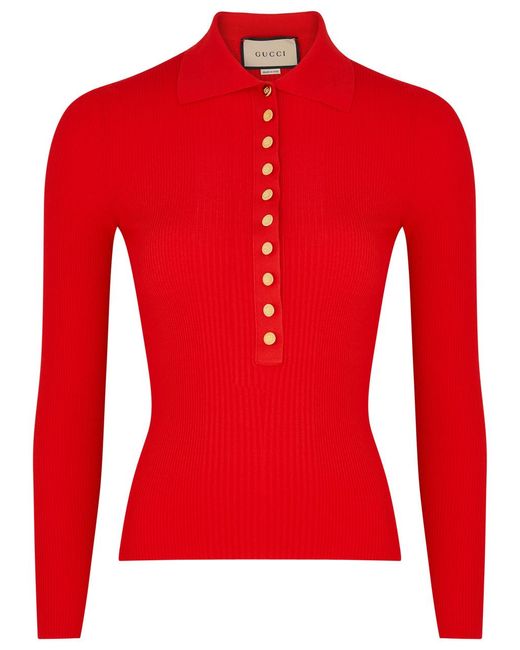 Gucci Red Ribbed-knit Polo Top