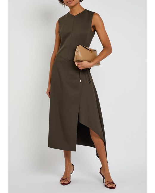 Tory Burch Green Wrap-Front Twill Midi Dress