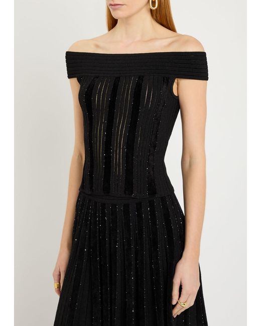 Balmain Black Sequin-Embellished Stretch-Knit Top