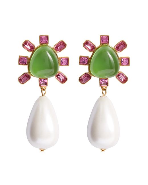 Kenneth Jay Lane Green Crystal And Pearl-embellished Clip-on Drop Earrings