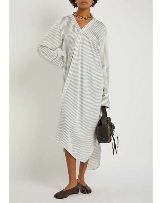 Acne White Striped Satin Midi Shirt Dress