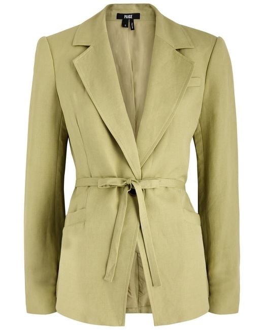 PAIGE Green Genova Belted Linen-Blend Blazer