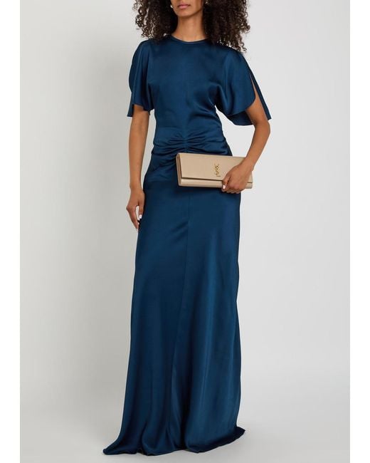 Victoria Beckham Blue Isabella Gathered Satin-Crepe Gown
