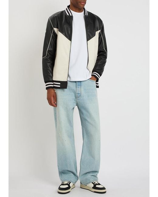 AN-Y1 Black Racing Quilted Colour-Blocked Leather Bomber Jacket for men