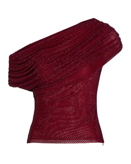 Self-Portrait Red Rhinestone-Embellished Draped Stretch-Mesh Top
