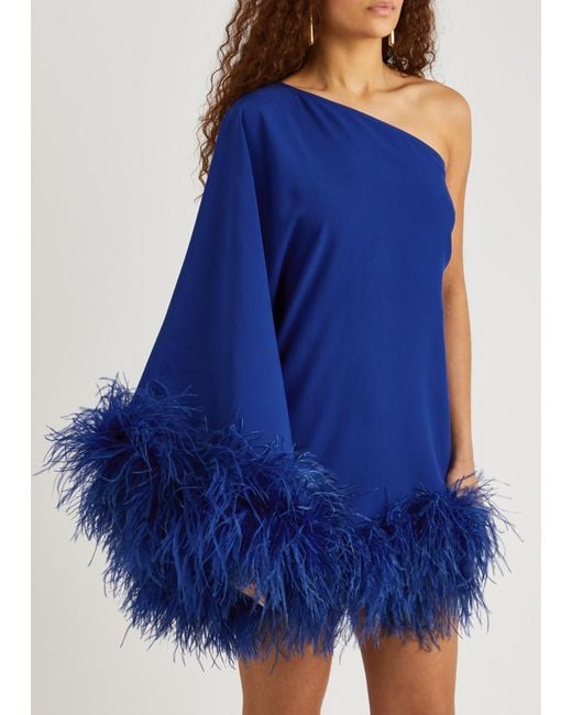 ‎Taller Marmo Blue Piccolo Ubud One-shoulder Feather-trimmed Mini Dress