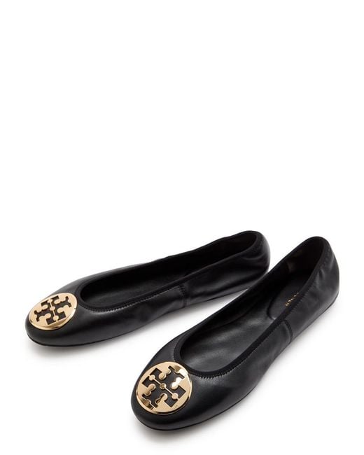 Tory Burch Black Reva Travel Logo Leather Ballet Flats