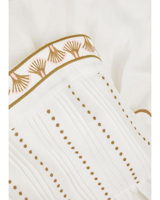Lug Von Siga White Aurora Embroidered Linen-Blend Midi Dress