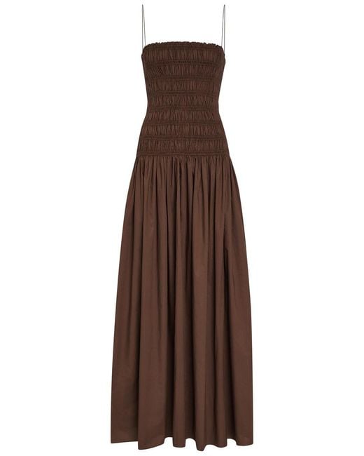 Matteau Brown Shirred Cotton-Poplin Maxi Dress