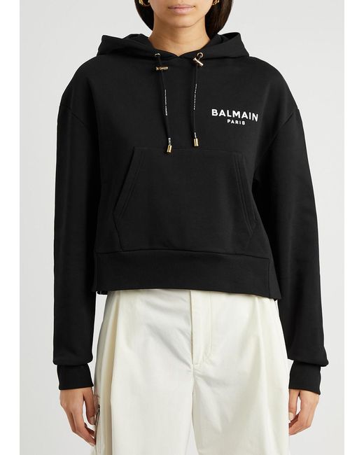 Balmain Black Cropped Hooded Cotton Sweatshirt