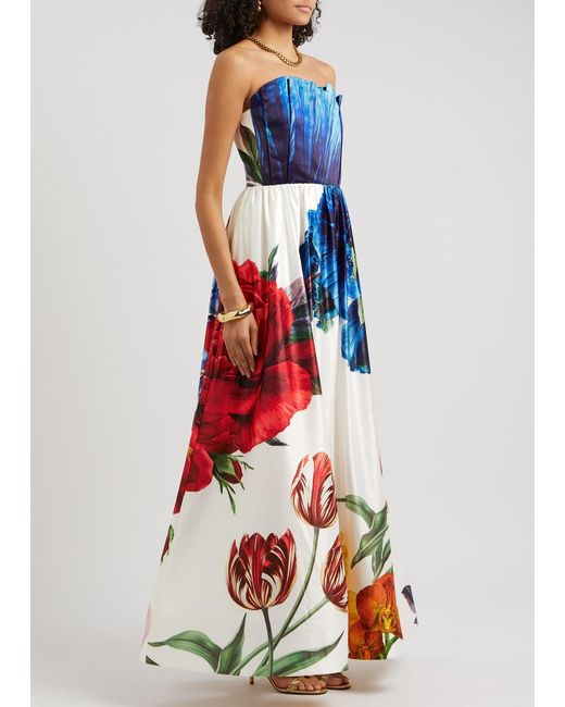 Alice + Olivia White Stella Strapless Floral-Print Satin Gown