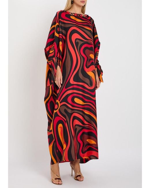 Emilio Pucci Red Embellished Printed Silk-Twill Maxi Kaftan