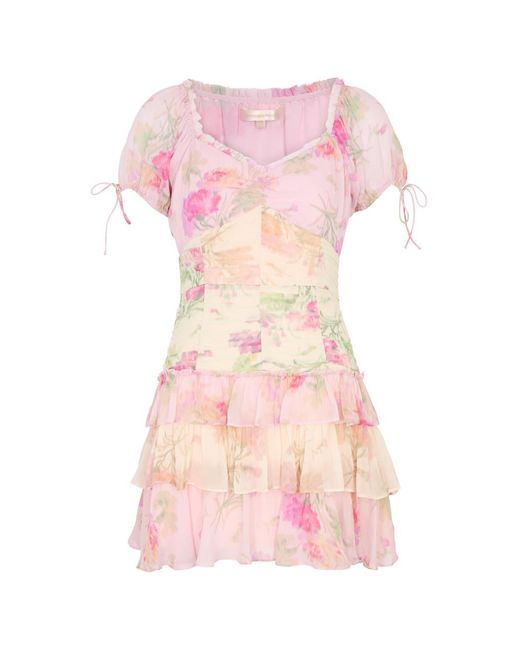 LoveShackFancy Pink Jupe Floral-Print Chiffon Mini Dress