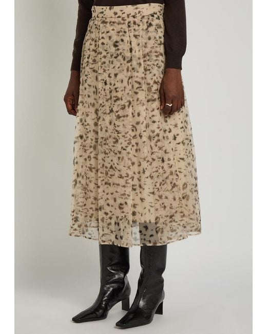 Brunello Cucinelli Natural Lynx-Print Silk-Organza Midi Skirt