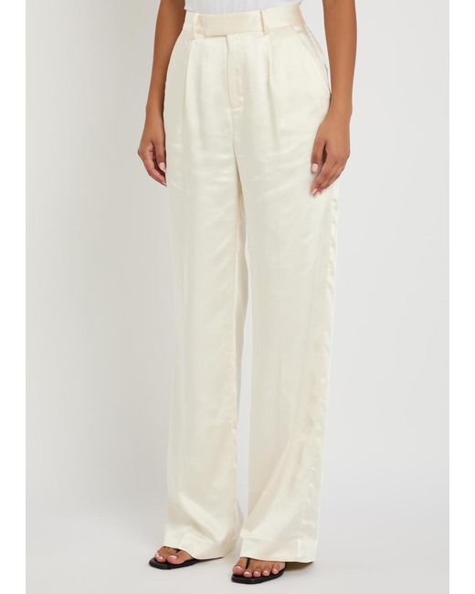 Self-Portrait White Tailored Straight-Leg Satin Trousers