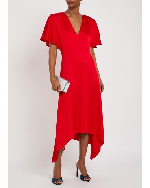 Stella McCartney Red Envers V-Neck Satin Midi Dress
