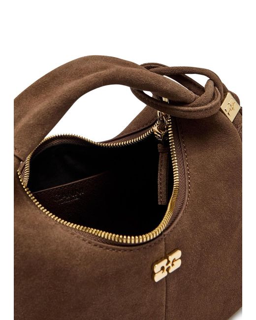 Ganni Brown Hobo Mini Logo Suede Top Handle Bag