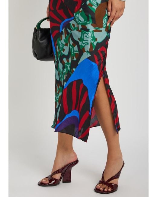 Dries Van Noten Blue Sati Printed Satin Midi Skirt