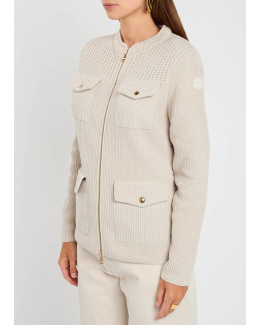 Moncler Natural Logo Ribbed Wool And Shell Cardigan