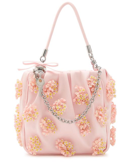 Self-Portrait Pink Floral Bead-Embellished Satin Tote