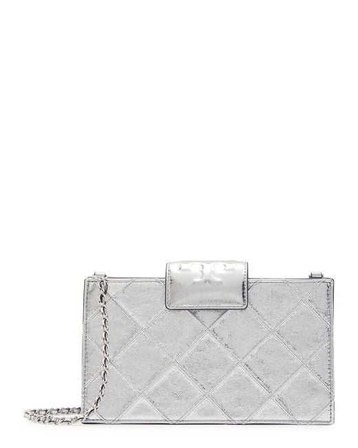 Tory Burch White Fleming Mini Metallic Leather Wallet-On-Chain