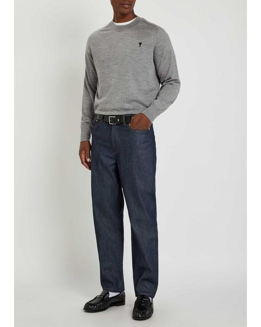 AMI Gray Logo-Embroidered Wool Jumper for men