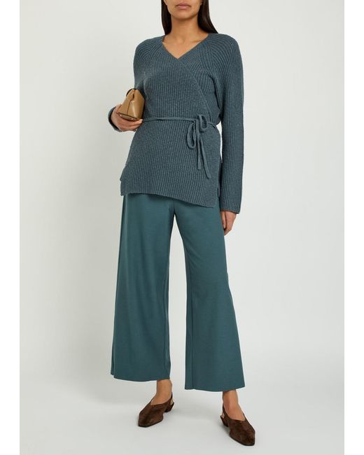 Eileen Fisher Blue Ribbed Cotton-Blend Wrap Cardigan
