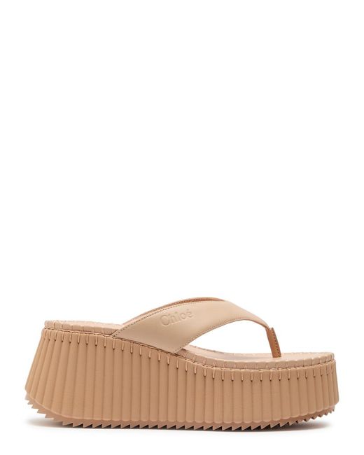 Chloé Natural Nama 80 Thong Leather Wedge Sandals
