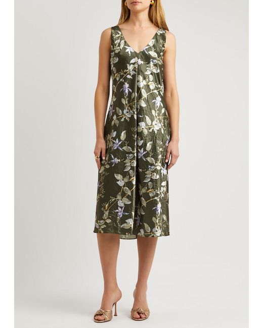 Vince Green Floral-print Crinkled Satin Slip Dress