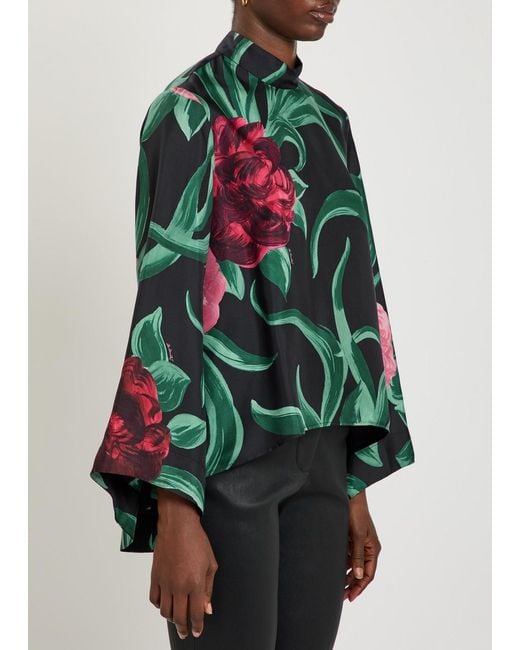 LaDoubleJ Green Make An Exit Floral-Print Silk-Twill Top