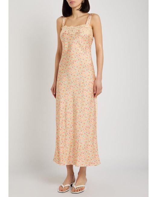 Rixo Natural Rosamarie Floral-Print Satin Midi Dress