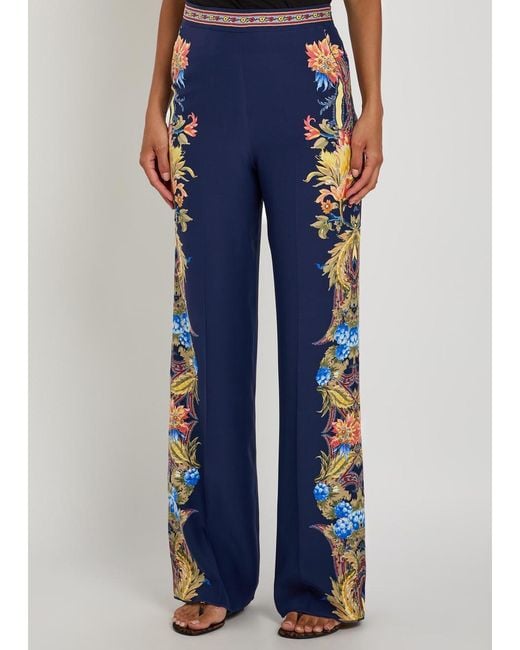 Etro Blue Printed Straight-Leg Silk Trousers