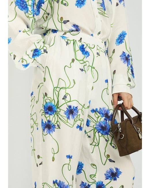 Stella McCartney White Floral Print Straight-Leg Textured Satin Trousers