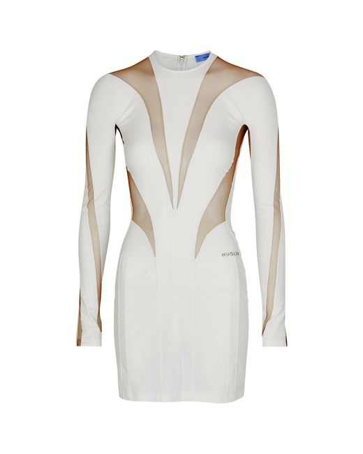 Mugler White Panelled Stretch-jersey And Tulle Mini Dress