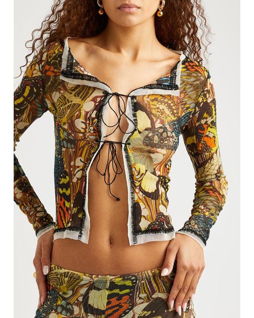 Jean Paul Gaultier Brown Papillon Printed Tulle Top