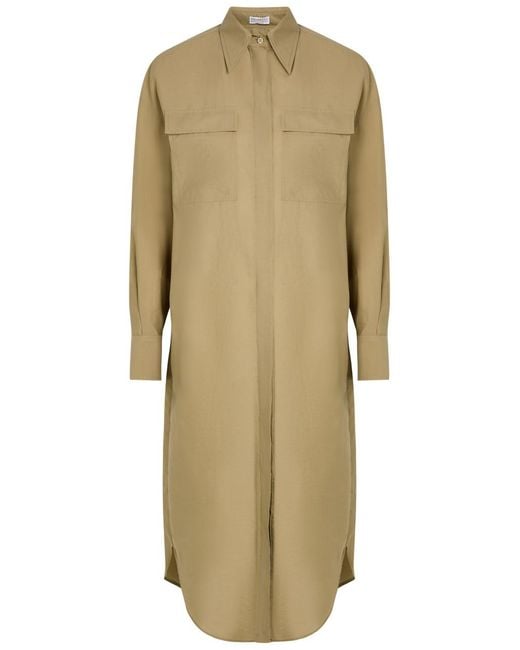 Brunello Cucinelli Natural Crinkled Cotton-Blend Midi Shirt Dress