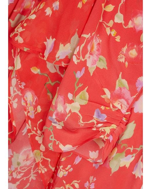 Rixo Red Rose Floral-Print Silk Midi Dress