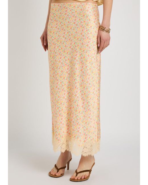 Rixo Natural Matilde Floral-Print Satin Midi Skirt