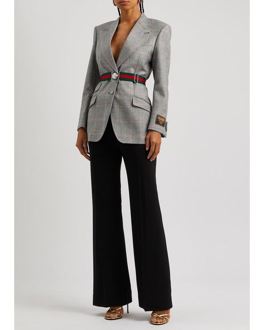 Gucci Gray Checked Belted Wool Blazer