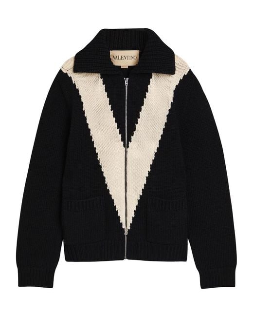 Valentino Garavani Black Logo-Intarsia Wool Cardigan for men