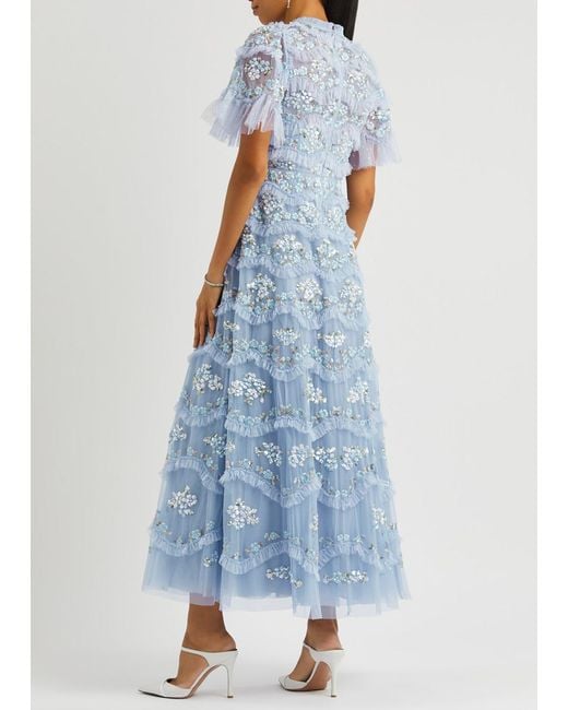 Needle & Thread Blue Daisy Wave Floral-Embroidered Tulle Dress