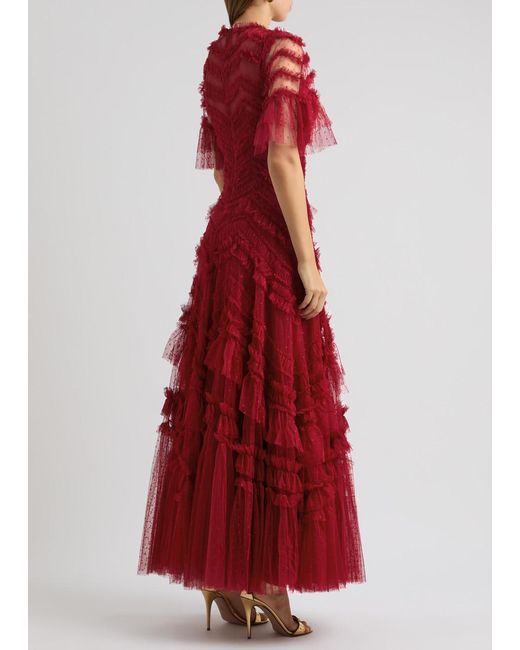 Needle & Thread Red Elia Ruffled Tulle Gown