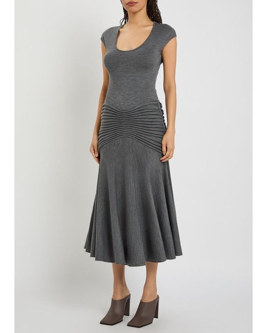 Alaïa Gray Sculpting Ruched Wool Midi Dress