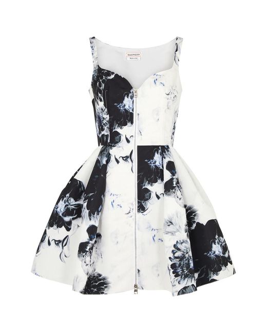 Alexander McQueen White Floral-Print Faille Mini Dress