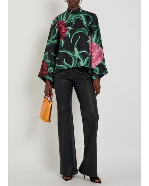 LaDoubleJ Green Make An Exit Floral-Print Silk-Twill Top
