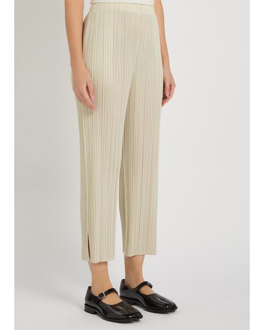 Pleats Please Issey Miyake Natural Pleated Straight-Leg Woven Cropped Trousers