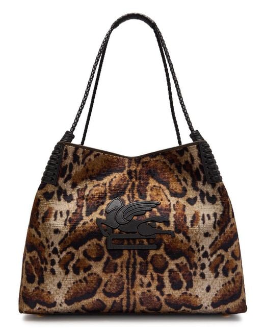 Etro Brown Libra Large Leopard Velvet And Leather Tote