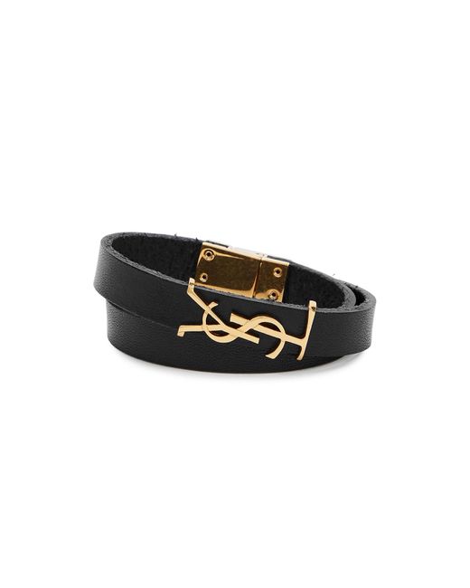 Saint Laurent Black Opyum Logo Leather Wrap Bracelet