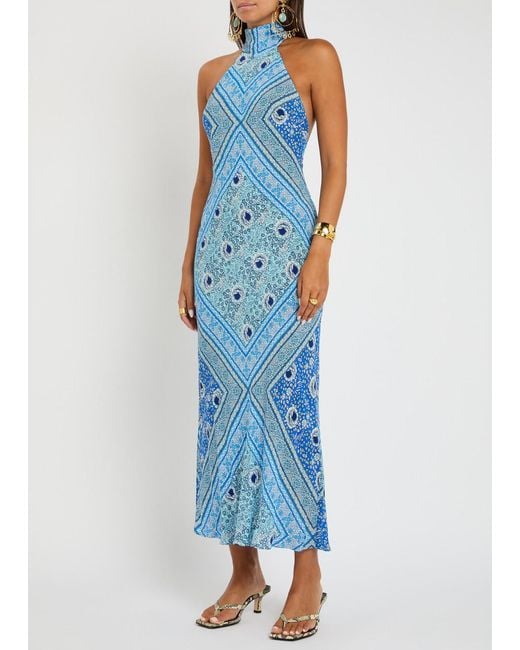 Rixo Blue Maura Patterned Halter-Neck Chiffon Midi Dress
