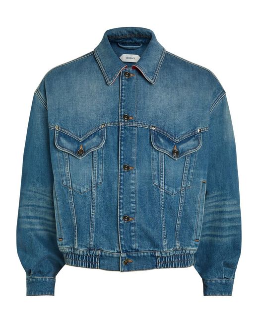 Versace Blue Leather-Collar Denim Jacket for men